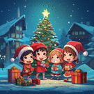Enfants &eacute;merveill&eacute;s autour d'un sapin de No&euml;l